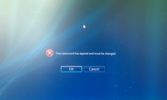 Your password has expired and must be changed. [OK] [Cancel]